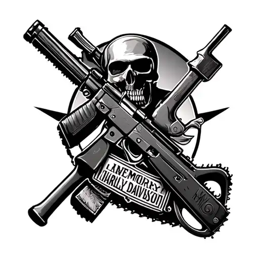 in memory, a rifle, a Harley Davidson, a hammer and a chainsaw tattoo design idea