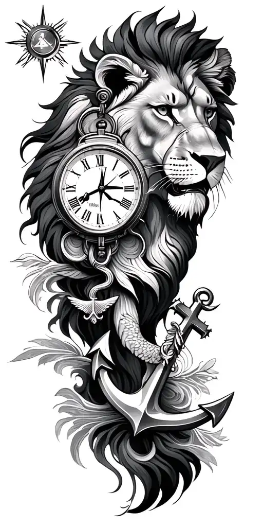 Lion, levander, map, compass, clocks, MIIV.IES.XXXX, anchor, waves, sun, palm, cross, dove tattoo design idea
