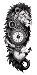 Lion, levander, map, compass, clocks, MIIV.IES.XXXX, anchor, waves, sun, palm, cross, dove tattoo design idea