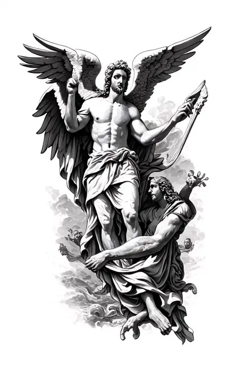 semi sleeve outer forearm containing both st michael and the fall of icarus tattoo design idea