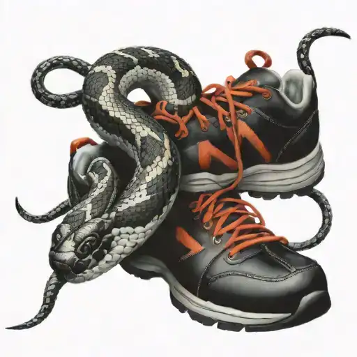 A snake intertwined with a running shoe in a realism style tattoo design idea