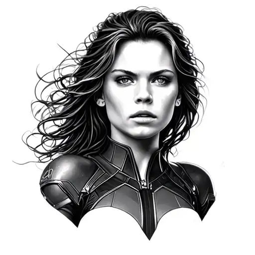 "Realistic black and grey tattoo of Scarlett Johansson as Black Widow, fierce expression, wind-blown hair, detailed shad tattoo design idea