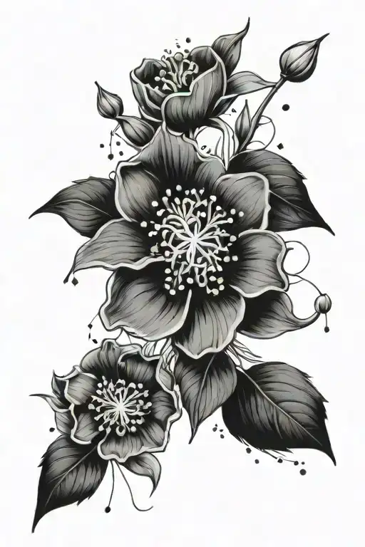 6 bloomed flowers, 4 flower buds, 5 leaves and a constellation design for taurus tattoo design idea