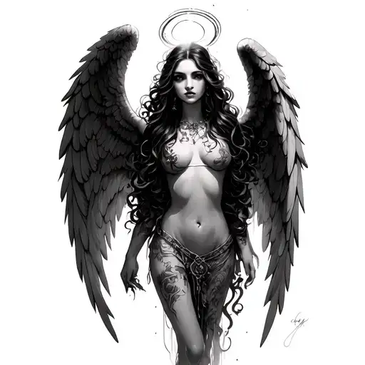 imagine prompt: black and white tattoo sketch of a gothic angel woman with large wings, flowing hair, glowing halo above tattoo design idea