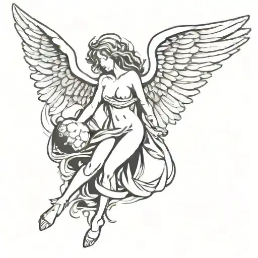 sexy angel in the moonlit sky descending upon the earth  tattoo design idea
