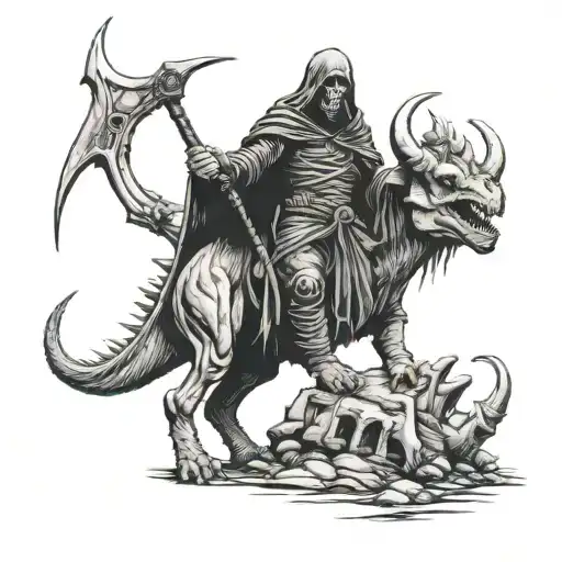 grim reaper holding a scythe riding a triceratops tattoo design idea