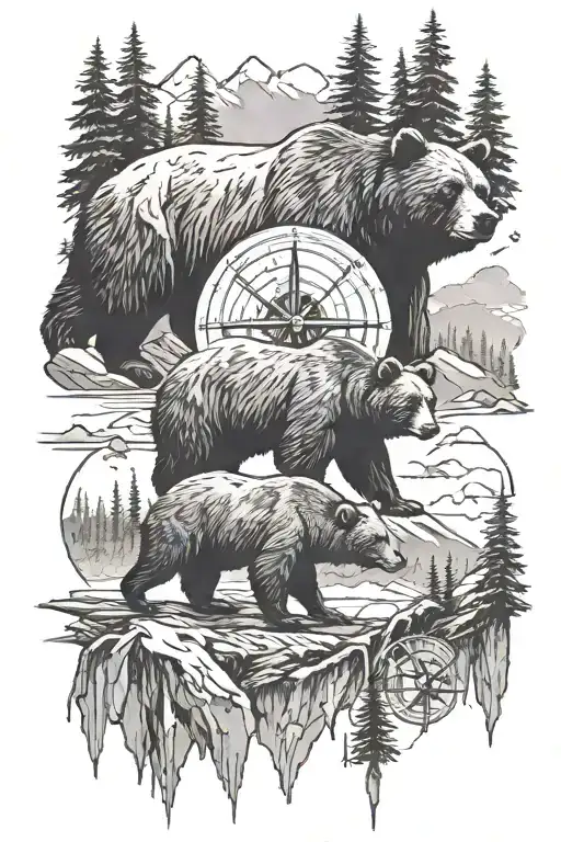 bear compass family mountain landscape tattoo design idea
