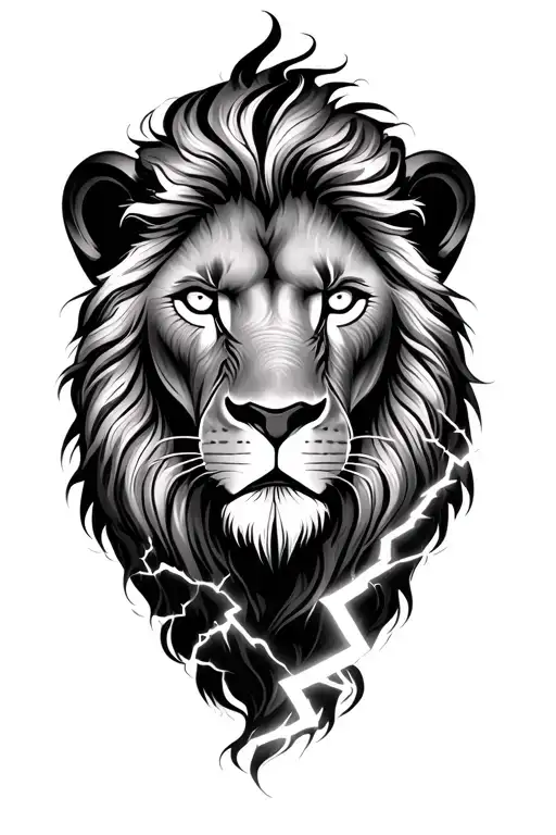 realistic lions head, clouds,  lightning,  leo, unconditional love symbol, white eyes, white lightning tattoo design idea