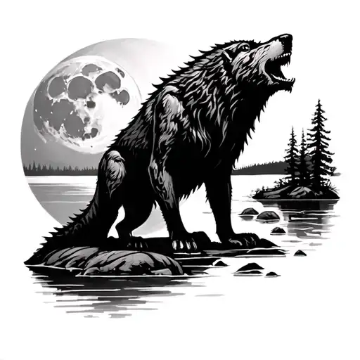 gothic, strong werewolf howling at the moon in front of a lake  tattoo design idea