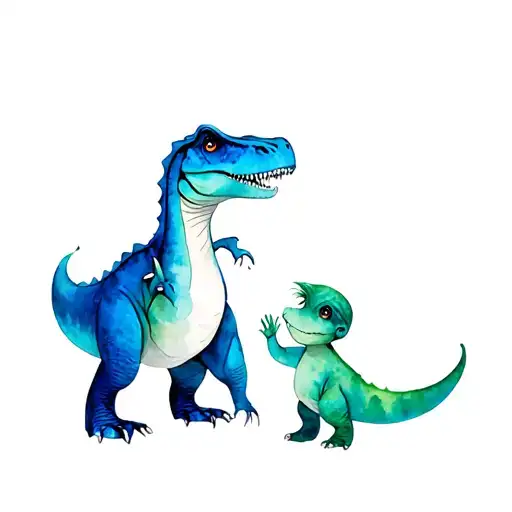 mom and son, dinosaur, blue and green, cute, tattoo design idea