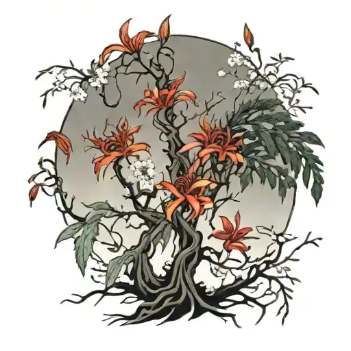 Red spider lilies intertwined with chery blossom tree tattoo design idea