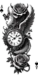 roses, clock face surrounded, angel wings, dragons, butterfly, chains, ace card tattoo design idea