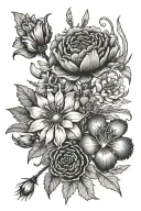 marigold with stem,gladiolus with stem, aster flower with stem, honeysuckle with stem, poppy flower with stem tattoo design idea