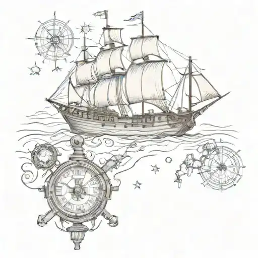 PIRATE SHIP, COMPASS, LAMP, WORLD MAP, TREE WITH FINE LINES tattoo design idea