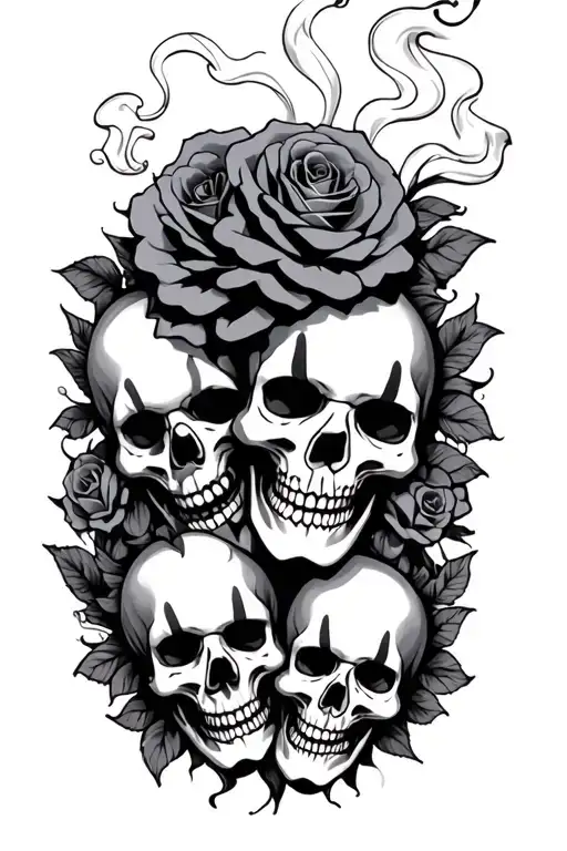 three smoking clown skulls roses tattoo design idea