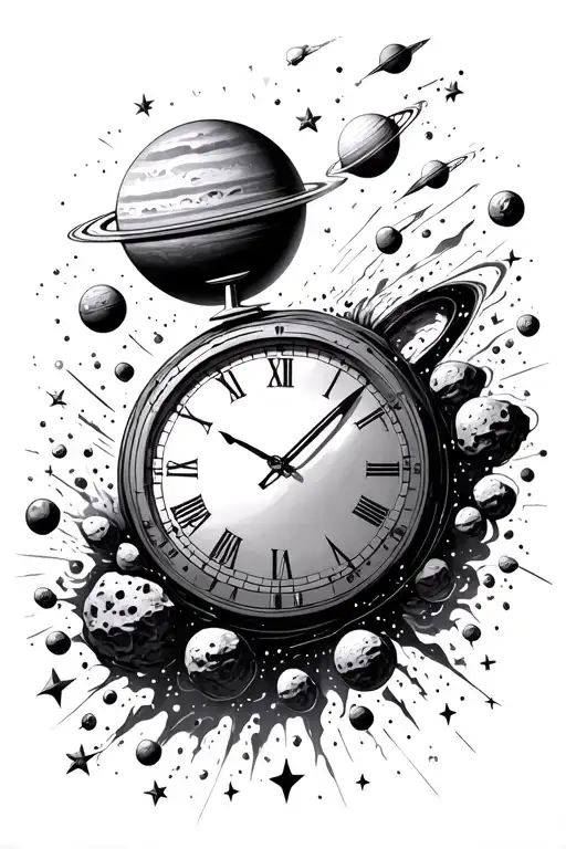 space, stars, comets, asteroids, planets, clock, time travel, black holes, dna strand, explosion tattoo design idea