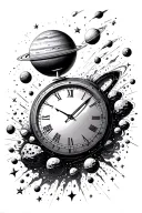 space, stars, comets, asteroids, planets, clock, time travel, black holes, dna strand, explosion tattoo design idea