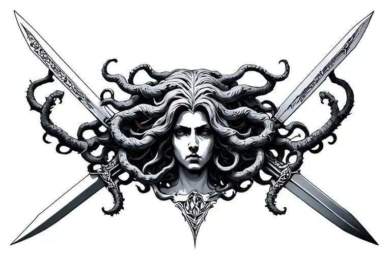 seven Headed Medusa longsword going through the center vertical  tattoo design idea