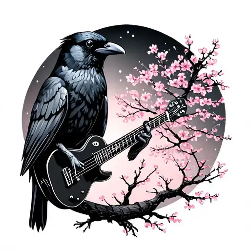 A crow playing a guitar under a cherry blossom tree at night tattoo design idea