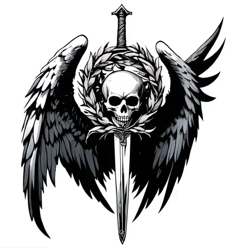 Being with the skull, on the head wreath, hand a sword, two wings of one of one angel's wing other demon tattoo design idea