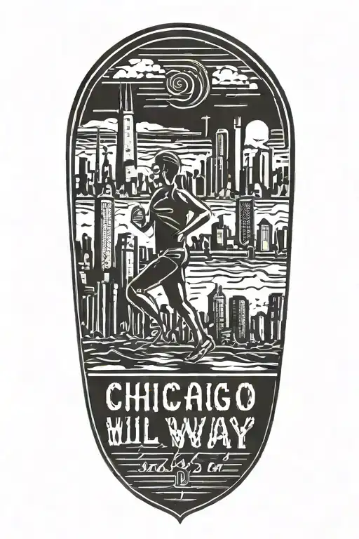 Runner sillouette with Chicago Skyline in background with Latin phrase "either I will find a way or I will do it" tattoo design idea