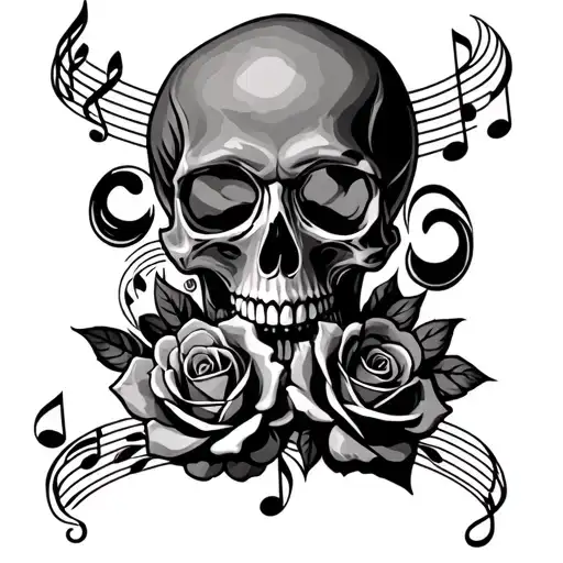 skull, roses, music, swirls forming tattoo design idea