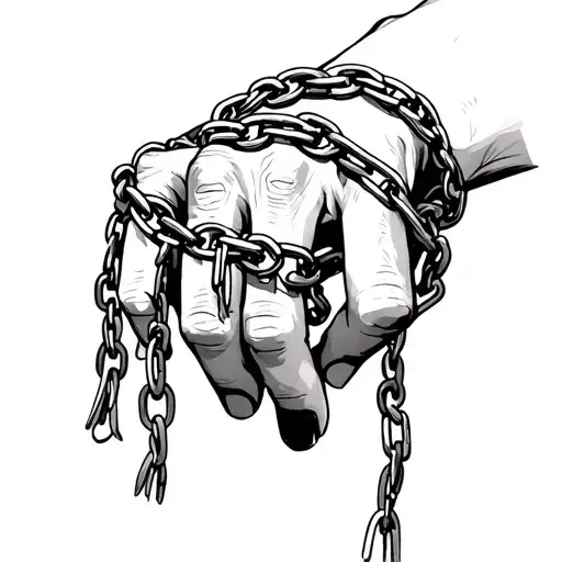 hand facing down with chains wrapped around each finger with people hanging from the chains tattoo design idea