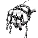 hand facing down with chains wrapped around each finger with people hanging from the chains tattoo design idea
