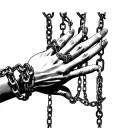 hand facing down with chains wrapped around each finger with people hanging from the chains tattoo design idea