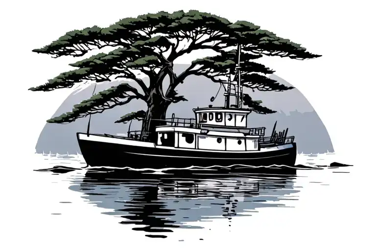 tug boat crashed into a weeping willow tree with pine trees tattoo design idea
