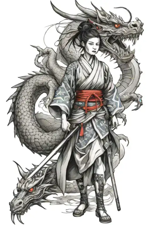 samurai girl with a dragon Japan tattoo design idea