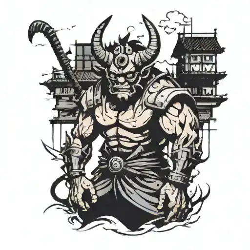 A minimalist tattoo of a Japanese oni demon blending in with the shadows of a city street at night tattoo design idea