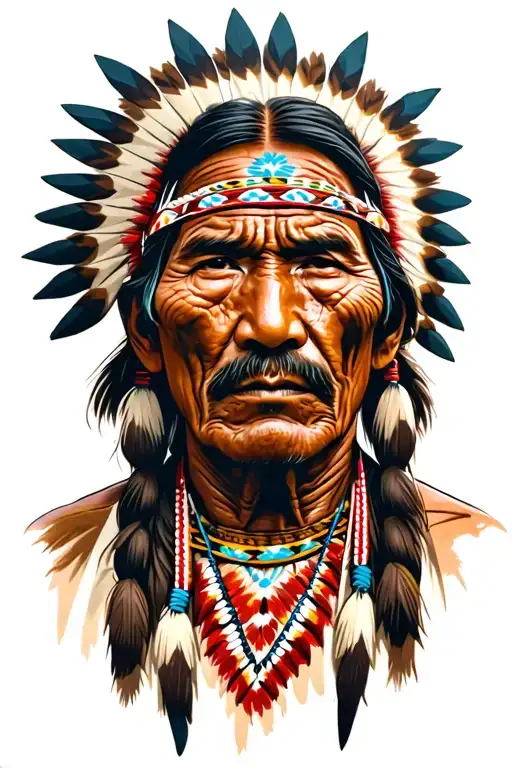 eve American Indian man  with wrinkles and on his face symbols of their cultures tattoo design idea
