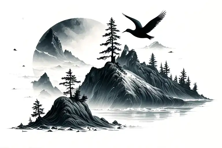 mountain trees ocean birds tattoo design idea