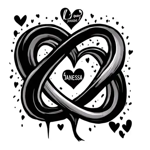 infinity sign with Josiah and Janessa in the holes of it with their birthday running through it and a heart locking it  tattoo design idea