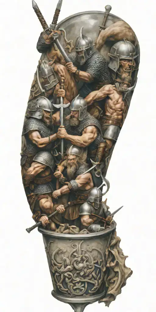 A scientific interpretation of a Greek Viking battle scene, with elements like test tubes and beakers mixed with swords and shields tattoo design idea