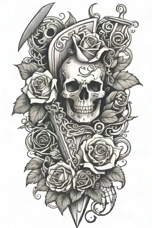 dagger going threw rose and vines wrapped around it with suits of cards etched in the blade  tattoo design idea