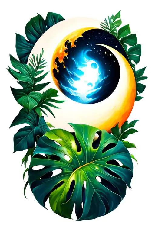 Sun And Moon with monstera leafs tattoo design idea