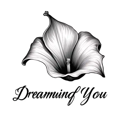 words Dreaming of You with a calla lily flower in black and white across the bottom of the words  tattoo design idea