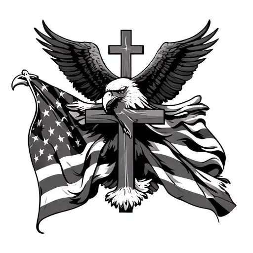 "250" The eagle is positioned in front of an American flag wrapped in a large Christian cross. tattoo design idea