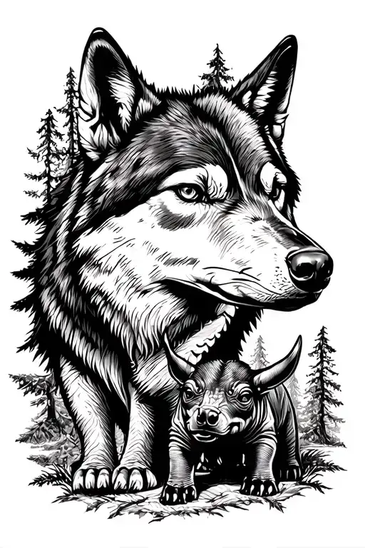 A wolf head in the forest in black and white and entirely in fine trays with a baby triceratops tattoo design idea