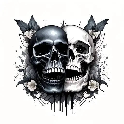 2 superimposed human skulls tattoo design idea