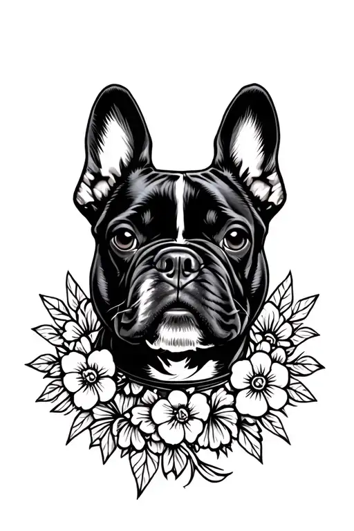French bulldog one white ear one black ear happy sideways face with spiked collar with flowers on the side tattoo design idea