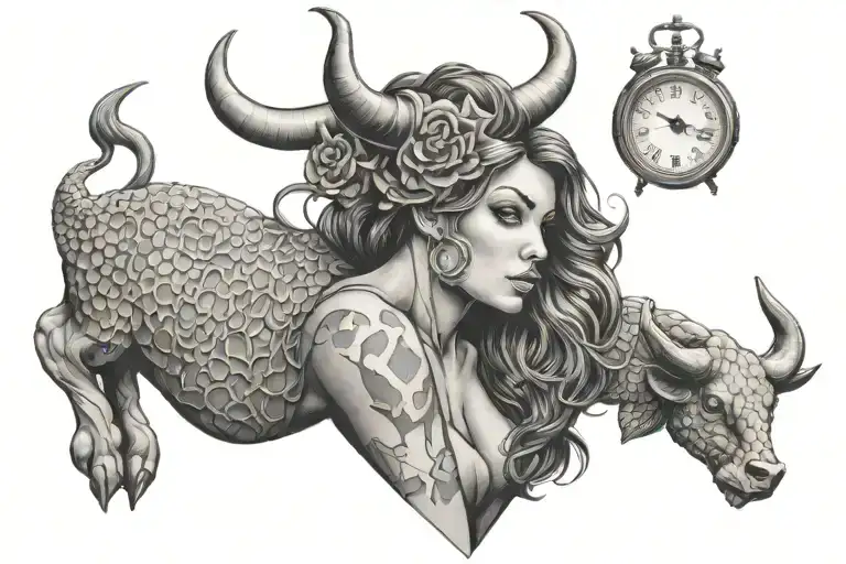 bull, honeycomb , money , sexy woman, clock, tattoo design idea