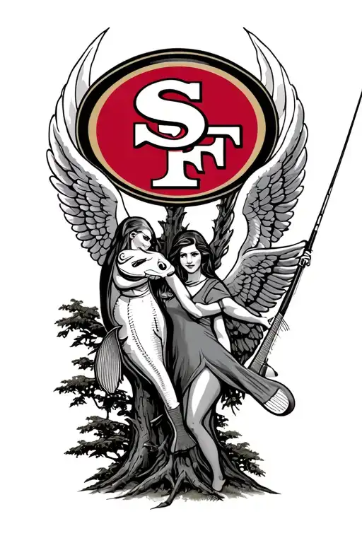 49ers logo with halo and angel wings Incorporated with a tree with a bass on a fishing rod with  Dominic and aunt Joan  tattoo design idea