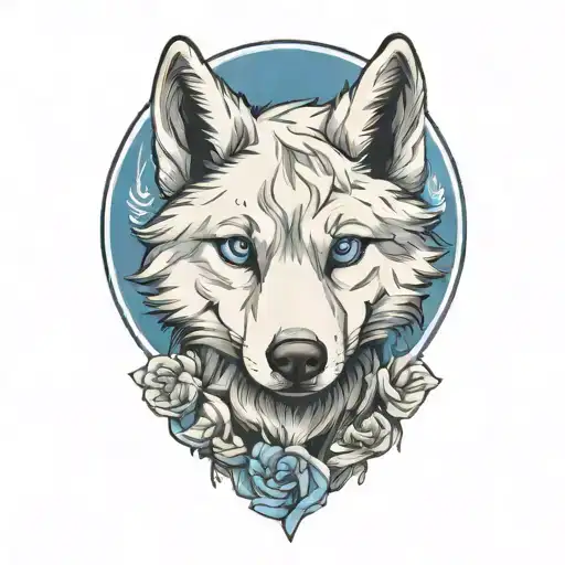 happy wolf puppy with blue eyes surrounded tattoo design idea