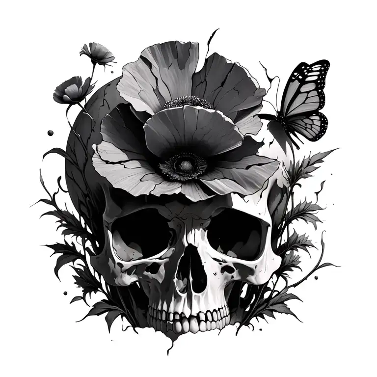 poppies growing out of cracked skull with morpho butterfly tattoo design idea