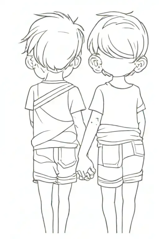 a little brother with short hair and a big sister holding hands from behind tattoo design idea