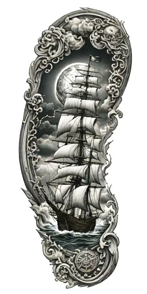 pirate ship sailing through stormy sea lost in time tattoo design idea