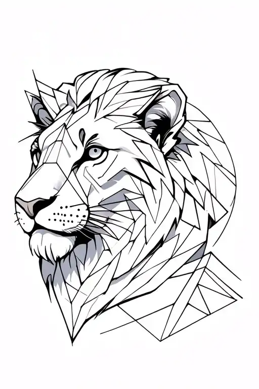 Leo head, there are various geometric figures and lines around, on biceps and shoulder, it is transitional to the chest tattoo design idea